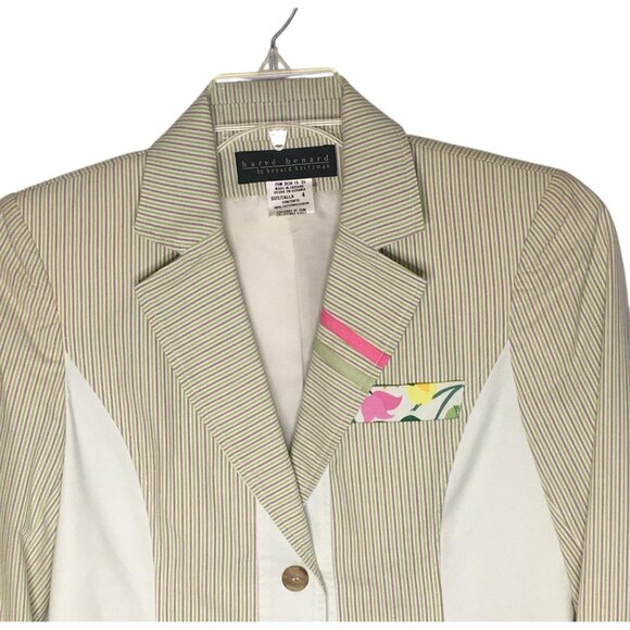 Harve Benard Blazer Jacket Womens 4 Green White Stripe Floral Cotton Two Button - Picture 3 of 12